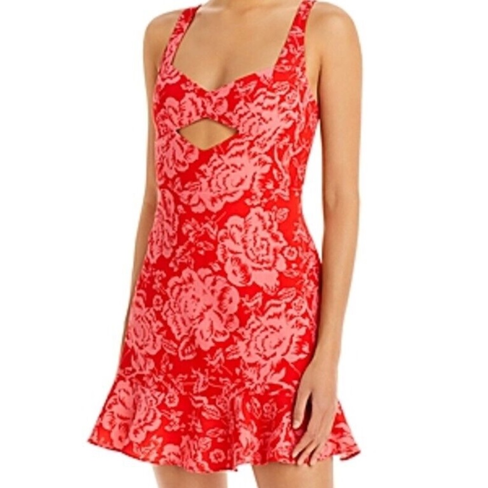 $348 BCBGMAXAZRIA Floral Print Cutout Mini Dress Red Combo Size 4/ S